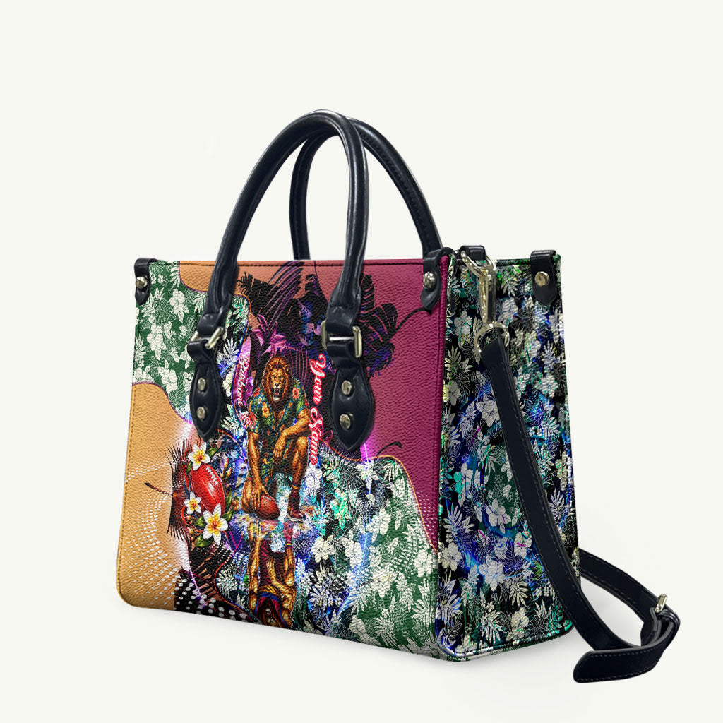 Personalized Brisbane Lions Football Leather Bag Tropical Hibiscus Flowers - Pacific Fusion Style