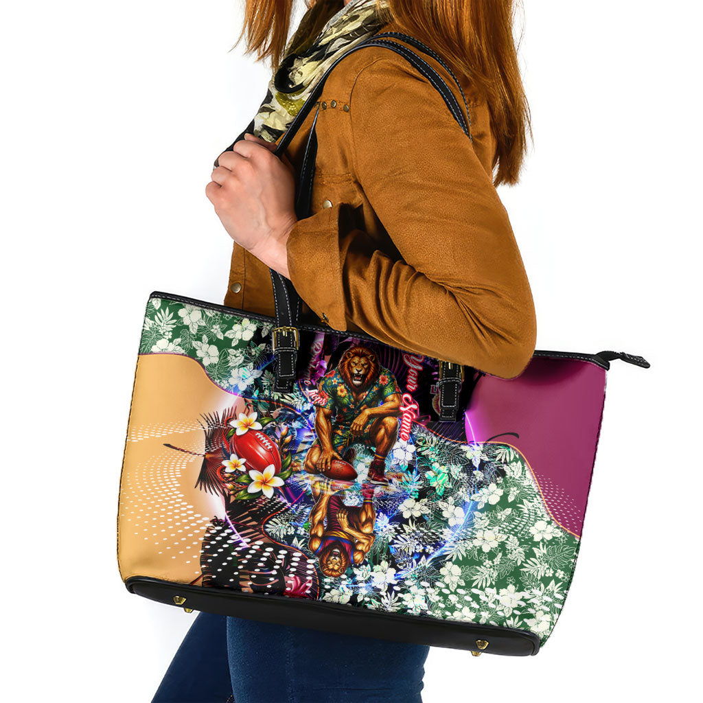 Personalized Brisbane Lions Football Leather Tote Bag Tropical Hibiscus Flowers - Pacific Fusion Style