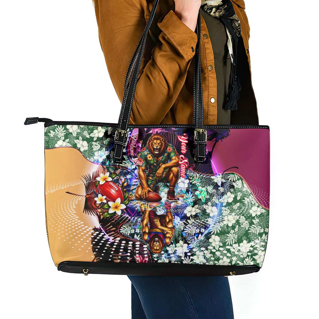 Personalized Brisbane Lions Football Leather Tote Bag Tropical Hibiscus Flowers - Pacific Fusion Style