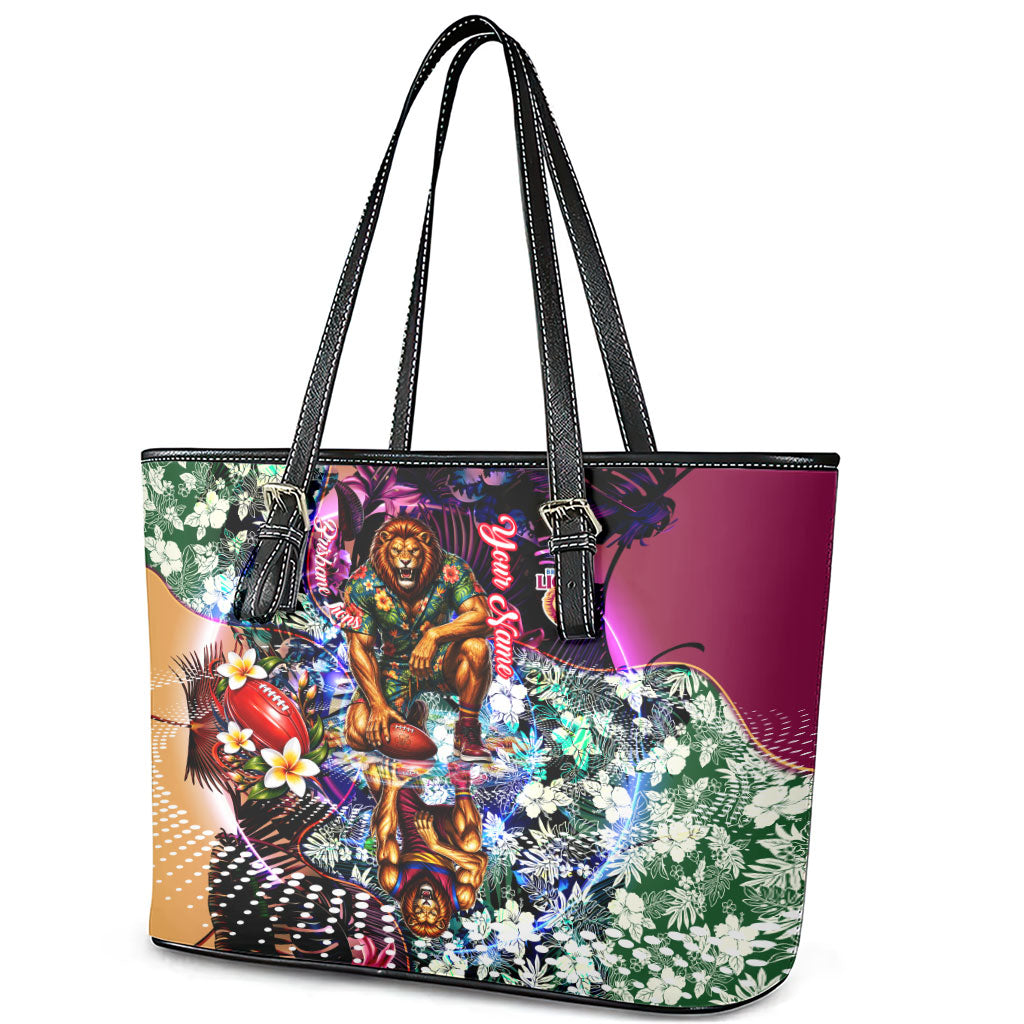 Personalized Brisbane Lions Football Leather Tote Bag Tropical Hibiscus Flowers - Pacific Fusion Style