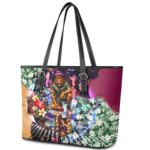 Personalized Brisbane Lions Football Leather Tote Bag Tropical Hibiscus Flowers - Pacific Fusion Style