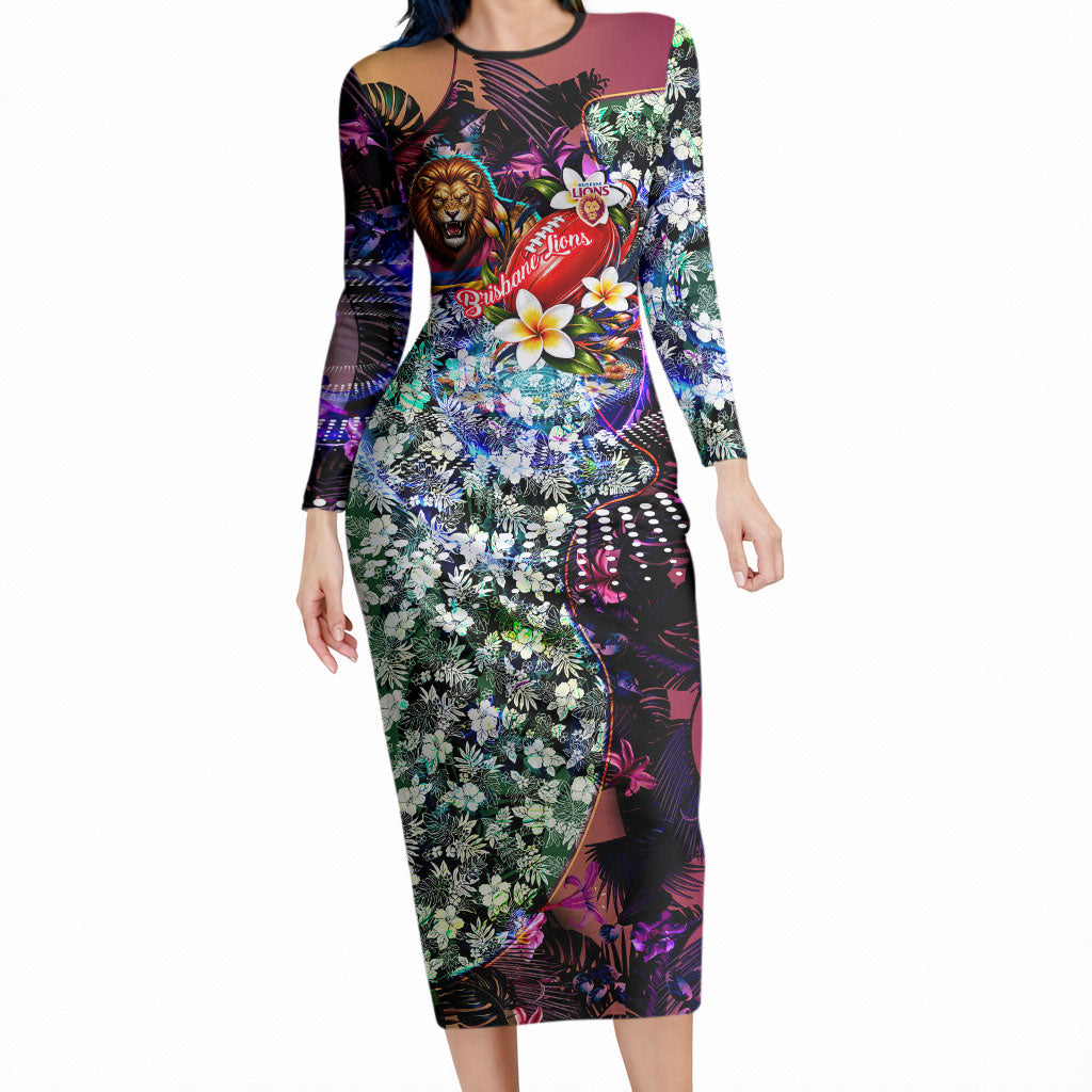 Personalized Brisbane Lions Football Long Sleeve Bodycon Dress Tropical Hibiscus Flowers - Pacific Fusion Style