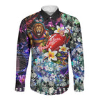 Personalized Brisbane Lions Football Long Sleeve Button Shirt Tropical Hibiscus Flowers - Pacific Fusion Style