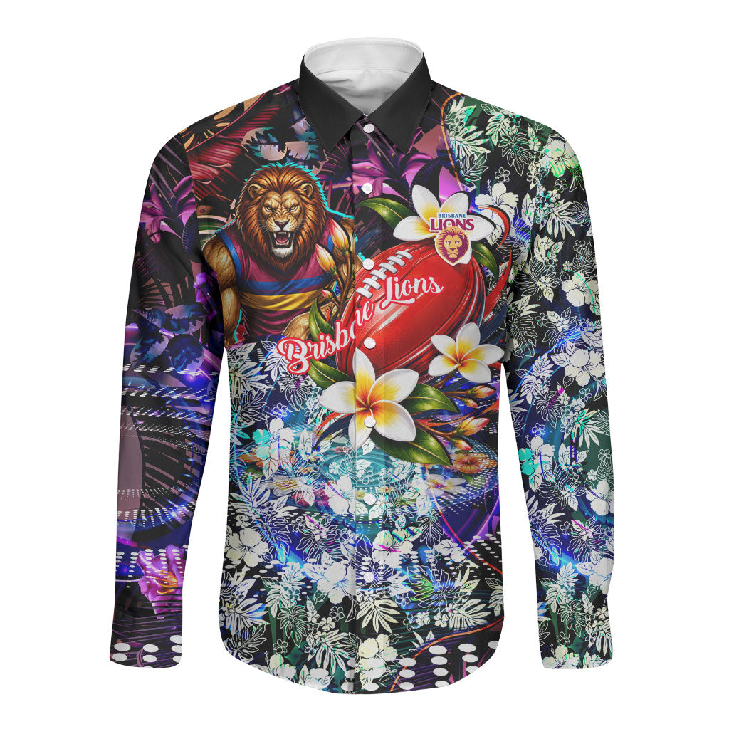 Personalized Brisbane Lions Football Long Sleeve Button Shirt Tropical Hibiscus Flowers - Pacific Fusion Style