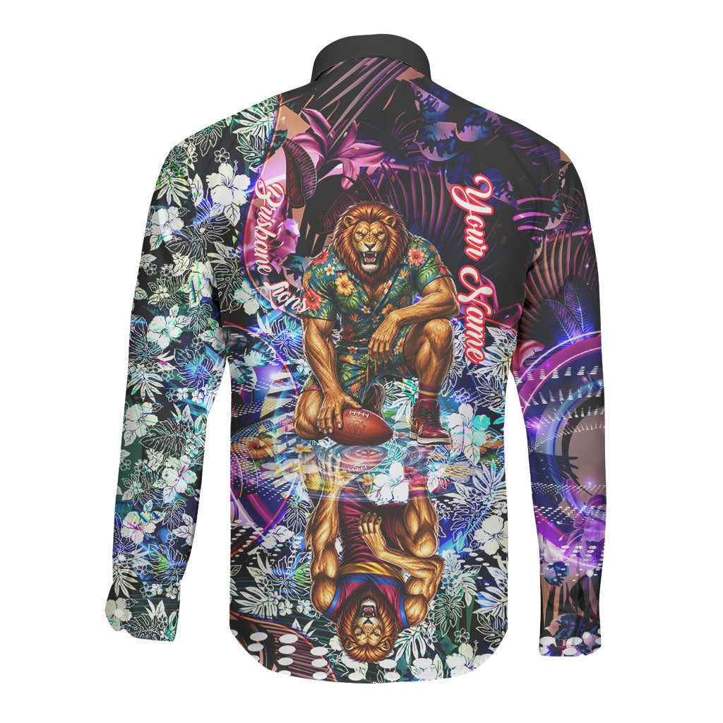 Personalized Brisbane Lions Football Long Sleeve Button Shirt Tropical Hibiscus Flowers - Pacific Fusion Style