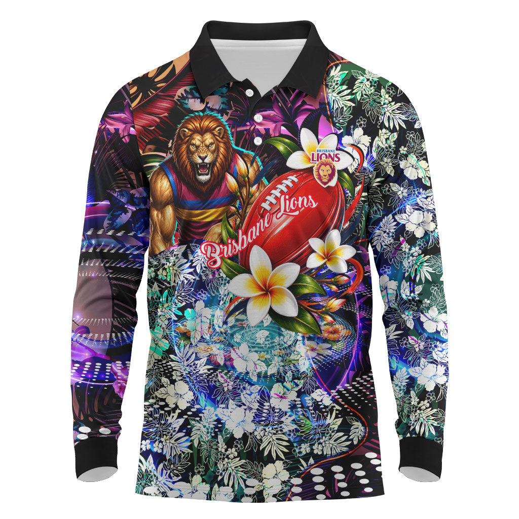 Personalized Brisbane Lions Football Long Sleeve Polo Shirt Tropical Hibiscus Flowers - Pacific Fusion Style