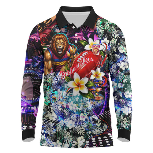 Personalized Brisbane Lions Football Long Sleeve Polo Shirt Tropical Hibiscus Flowers - Pacific Fusion Style
