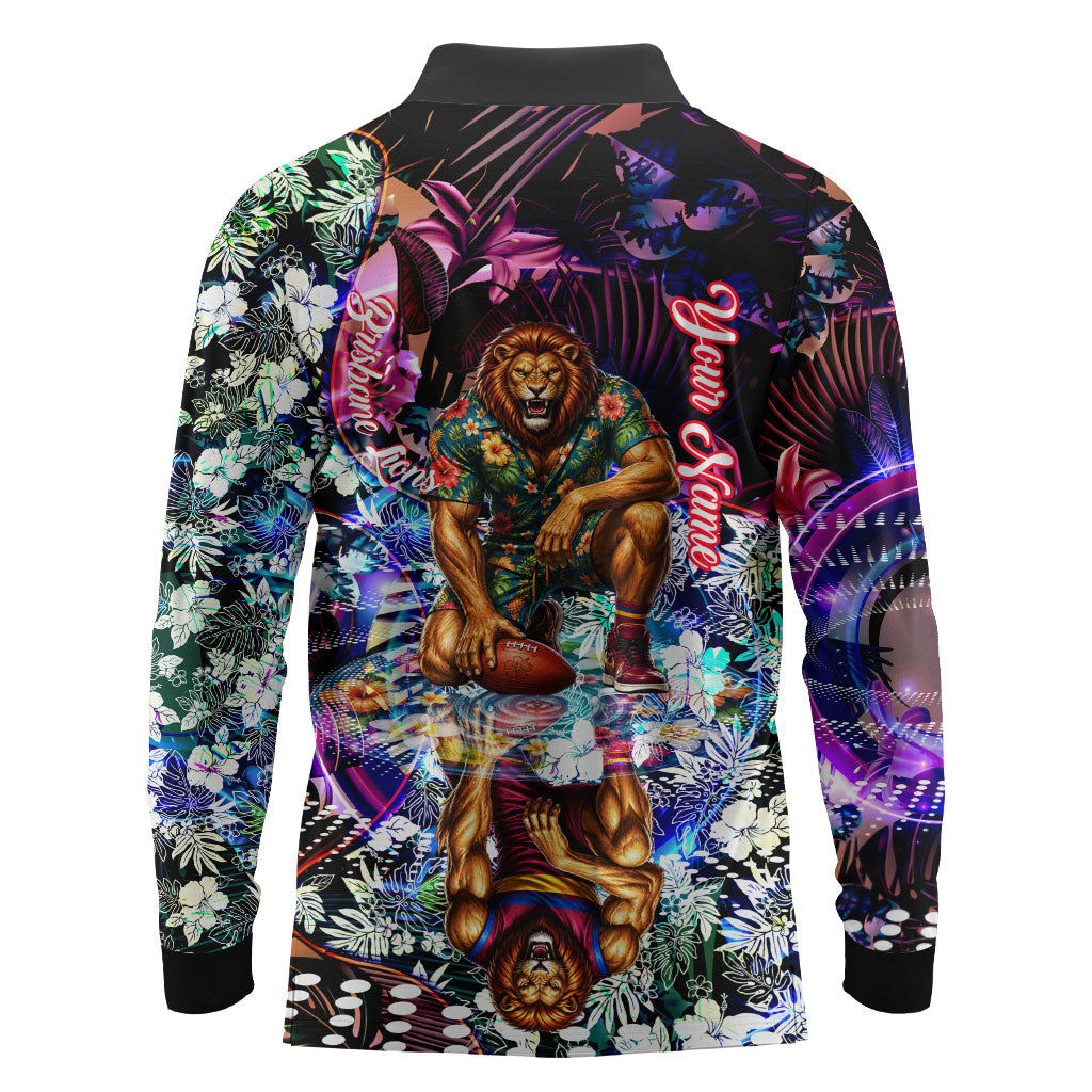 Personalized Brisbane Lions Football Long Sleeve Polo Shirt Tropical Hibiscus Flowers - Pacific Fusion Style
