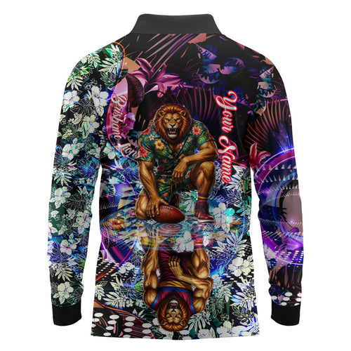 Personalized Brisbane Lions Football Long Sleeve Polo Shirt Tropical Hibiscus Flowers - Pacific Fusion Style