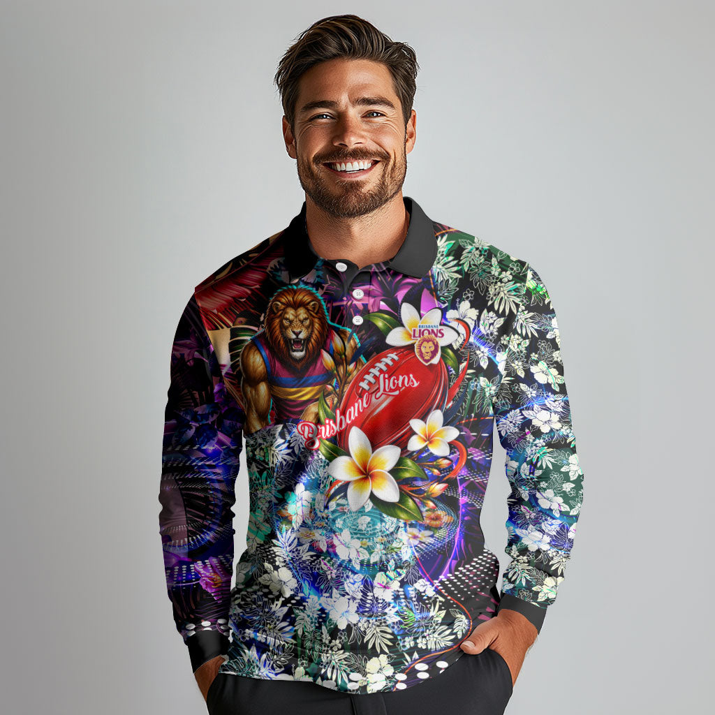 Personalized Brisbane Lions Football Long Sleeve Polo Shirt Tropical Hibiscus Flowers - Pacific Fusion Style