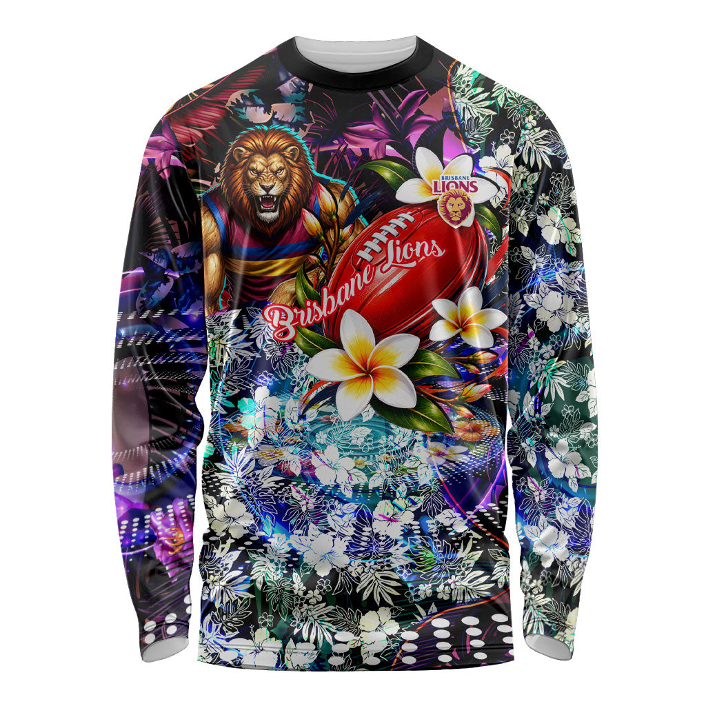 Personalized Brisbane Lions Football Long Sleeve Shirt Tropical Hibiscus Flowers - Pacific Fusion Style