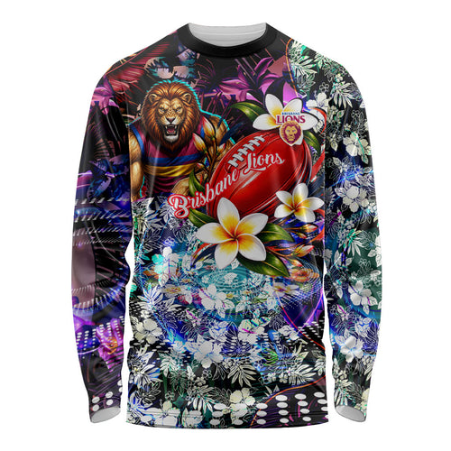 Personalized Brisbane Lions Football Long Sleeve Shirt Tropical Hibiscus Flowers - Pacific Fusion Style