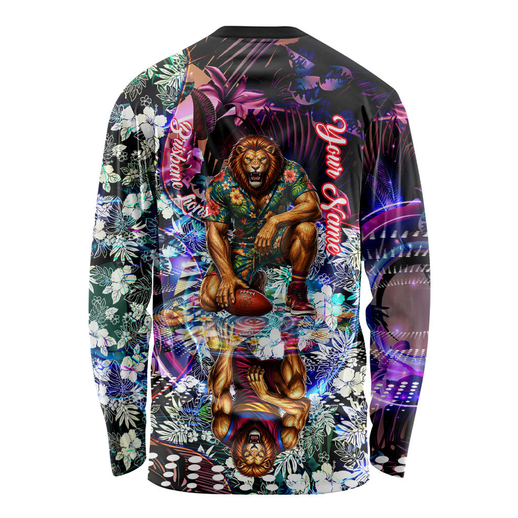 Personalized Brisbane Lions Football Long Sleeve Shirt Tropical Hibiscus Flowers - Pacific Fusion Style