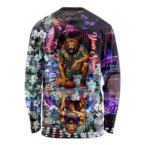 Personalized Brisbane Lions Football Long Sleeve Shirt Tropical Hibiscus Flowers - Pacific Fusion Style