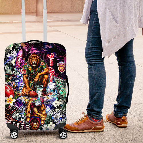 Personalized Brisbane Lions Football Luggage Cover Tropical Hibiscus Flowers - Pacific Fusion Style