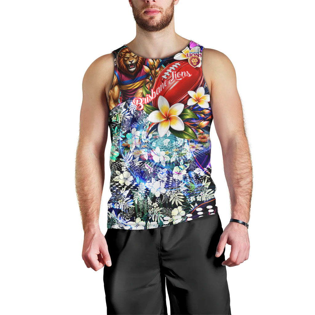 Personalized Brisbane Lions Football Men Tank Top Tropical Hibiscus Flowers - Pacific Fusion Style