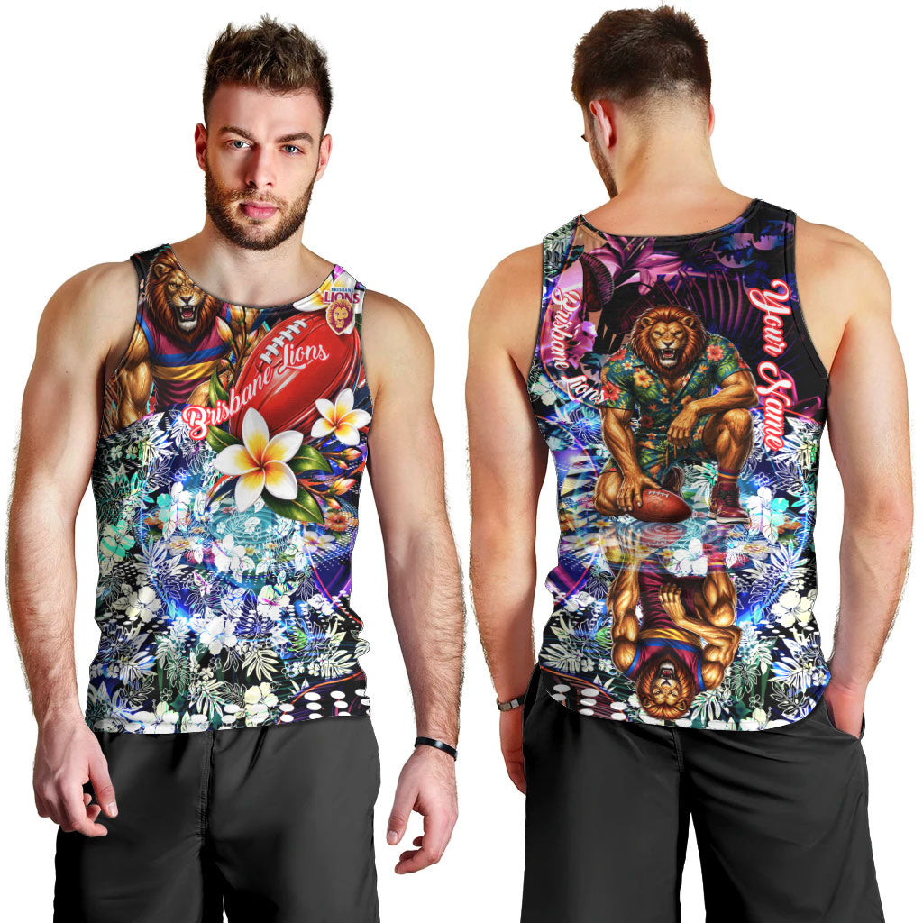 Personalized Brisbane Lions Football Men Tank Top Tropical Hibiscus Flowers - Pacific Fusion Style