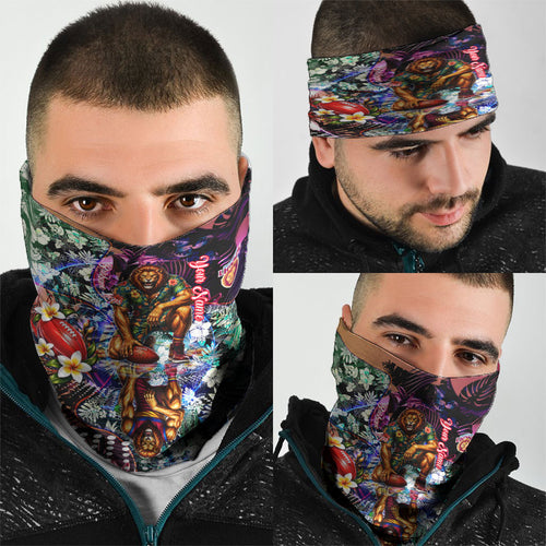 Personalized Brisbane Lions Football Neck Gaiter Tropical Hibiscus Flowers - Pacific Fusion Style