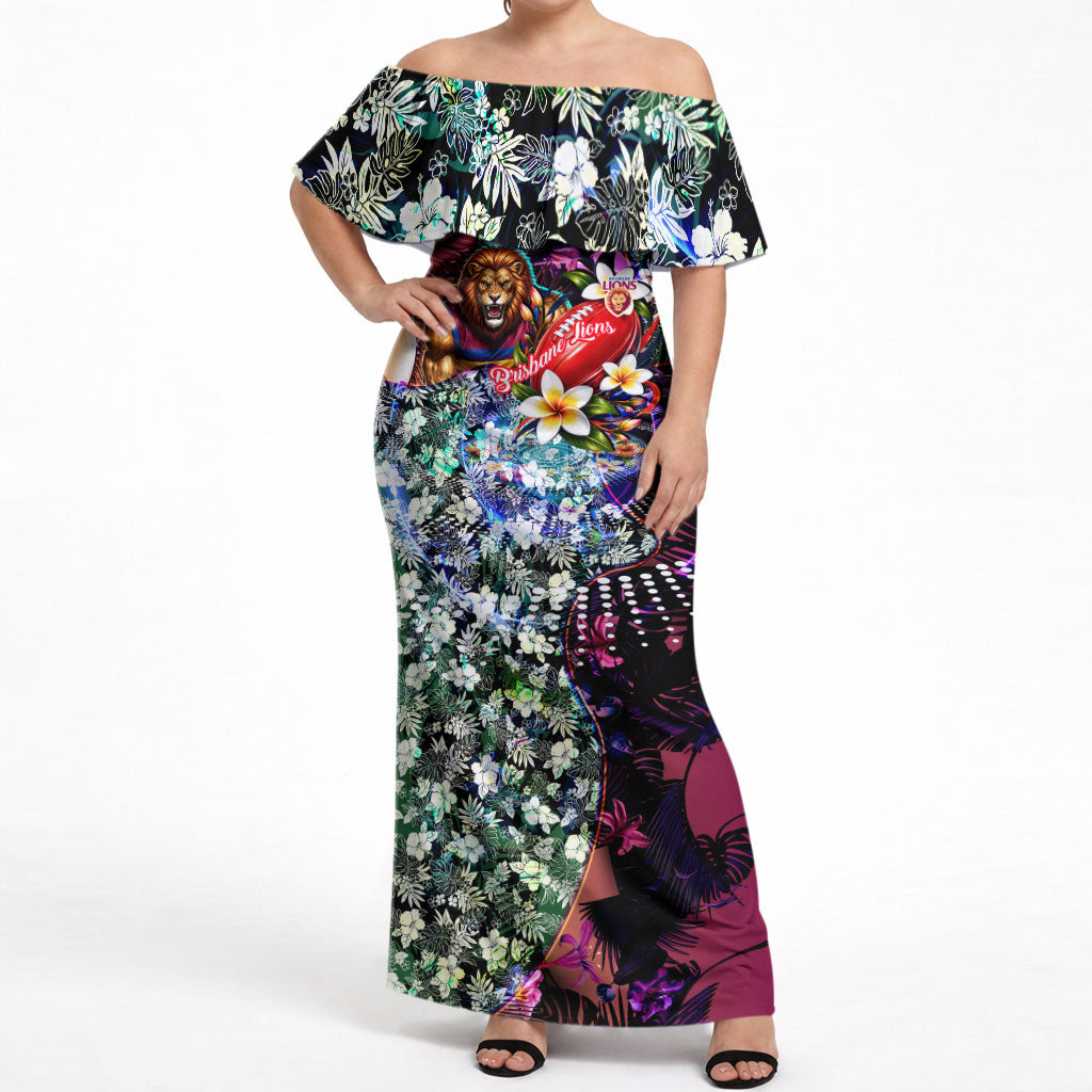 Personalized Brisbane Lions Football Off Shoulder Maxi Dress Tropical Hibiscus Flowers - Pacific Fusion Style
