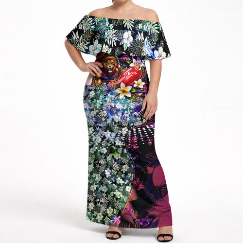 Personalized Brisbane Lions Football Off Shoulder Maxi Dress Tropical Hibiscus Flowers - Pacific Fusion Style