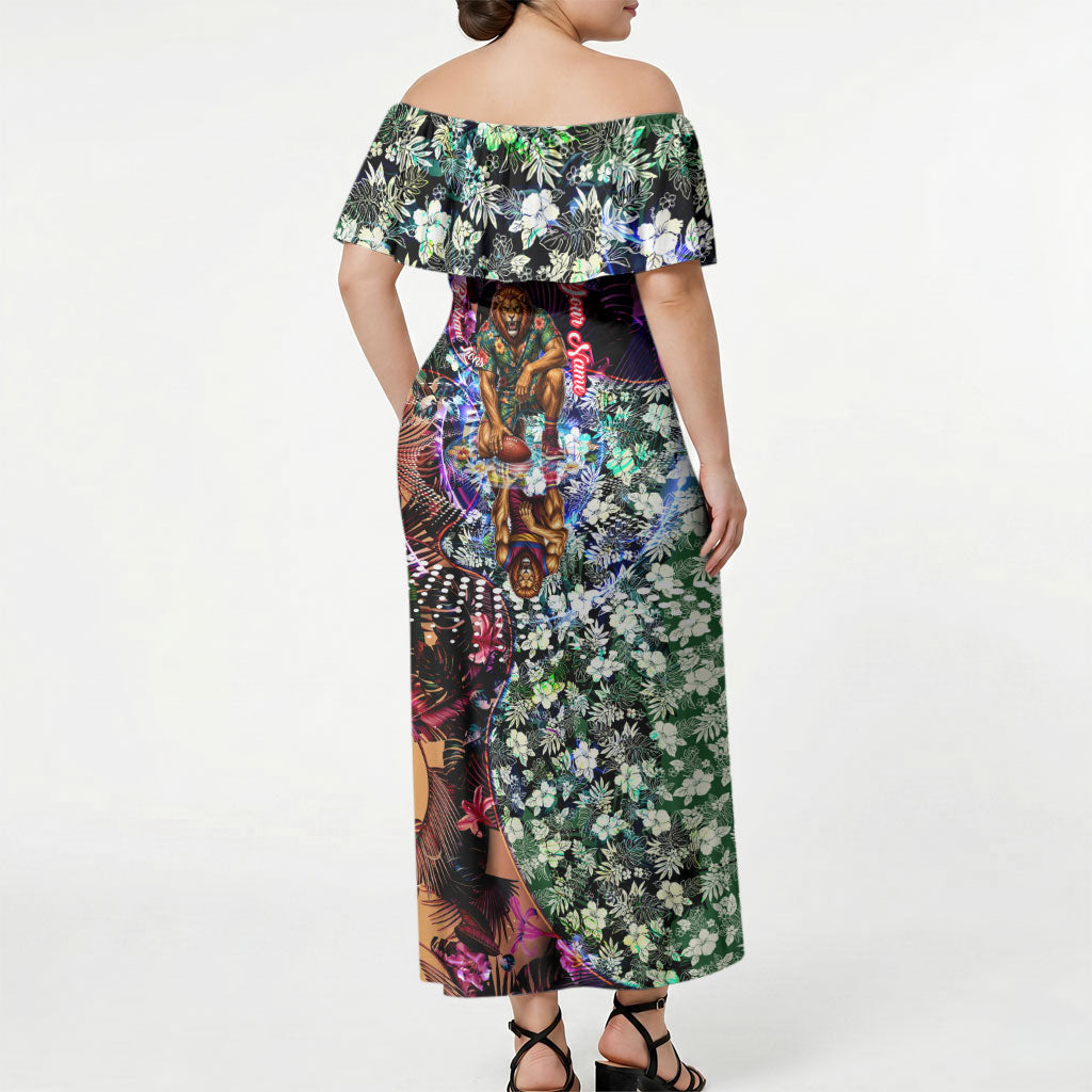 Personalized Brisbane Lions Football Off Shoulder Maxi Dress Tropical Hibiscus Flowers - Pacific Fusion Style