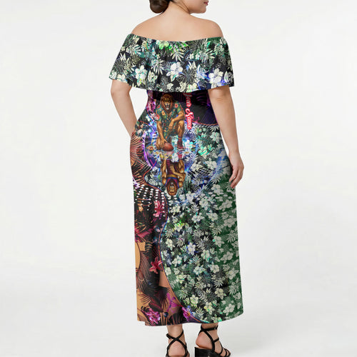 Personalized Brisbane Lions Football Off Shoulder Maxi Dress Tropical Hibiscus Flowers - Pacific Fusion Style