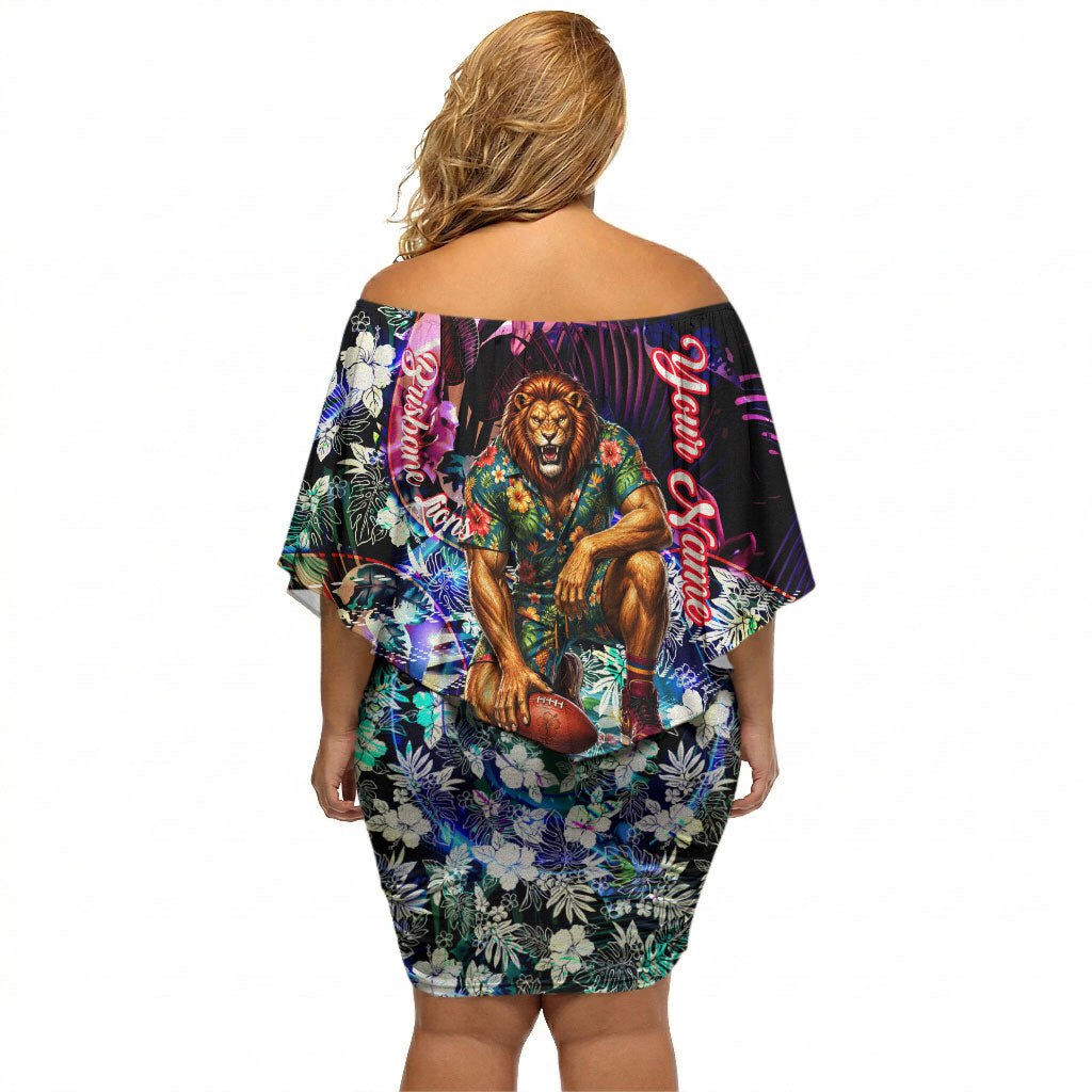 Personalized Brisbane Lions Football Off Shoulder Short Dress Tropical Hibiscus Flowers - Pacific Fusion Style