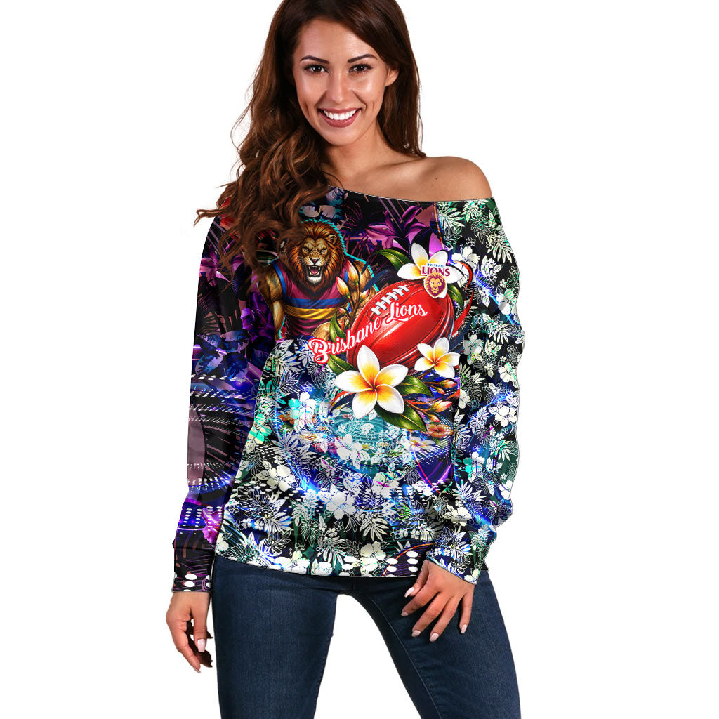 Personalized Brisbane Lions Football Off Shoulder Sweater Tropical Hibiscus Flowers - Pacific Fusion Style