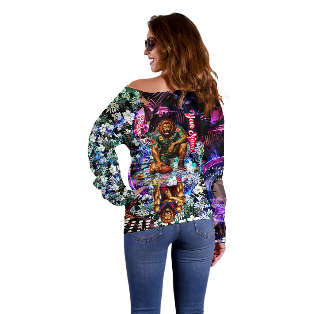 Personalized Brisbane Lions Football Off Shoulder Sweater Tropical Hibiscus Flowers - Pacific Fusion Style