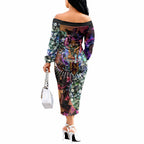 Personalized Brisbane Lions Football Off The Shoulder Long Sleeve Dress Tropical Hibiscus Flowers - Pacific Fusion Style