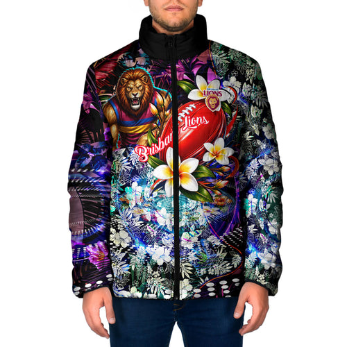 Personalized Brisbane Lions Football Padded Jacket Tropical Hibiscus Flowers - Pacific Fusion Style