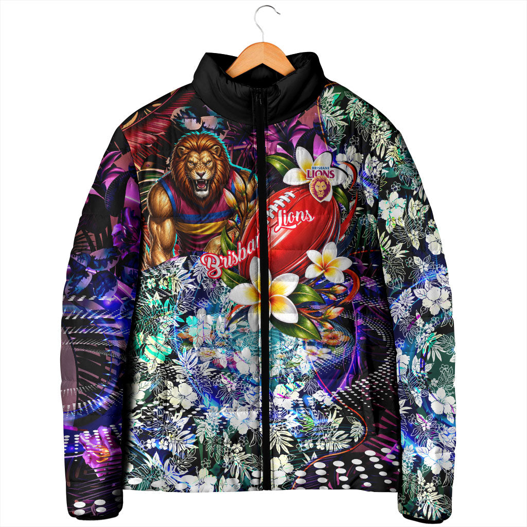 Personalized Brisbane Lions Football Padded Jacket Tropical Hibiscus Flowers - Pacific Fusion Style