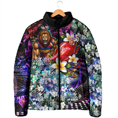 Personalized Brisbane Lions Football Padded Jacket Tropical Hibiscus Flowers - Pacific Fusion Style