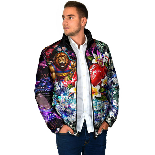 Personalized Brisbane Lions Football Padded Jacket Tropical Hibiscus Flowers - Pacific Fusion Style