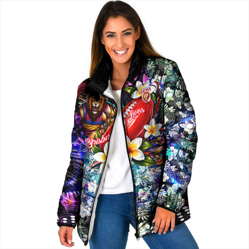 Personalized Brisbane Lions Football Padded Jacket Tropical Hibiscus Flowers - Pacific Fusion Style