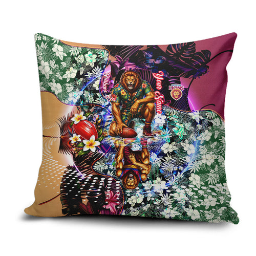 Personalized Brisbane Lions Football Pillow Cover Tropical Hibiscus Flowers - Pacific Fusion Style