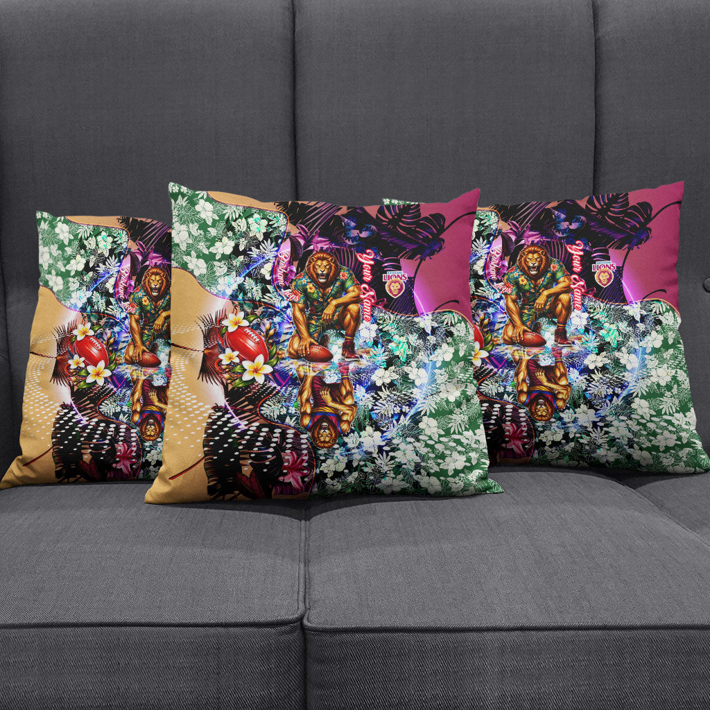 Personalized Brisbane Lions Football Pillow Cover Tropical Hibiscus Flowers - Pacific Fusion Style