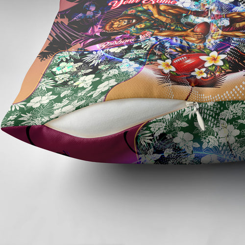 Personalized Brisbane Lions Football Pillow Cover Tropical Hibiscus Flowers - Pacific Fusion Style