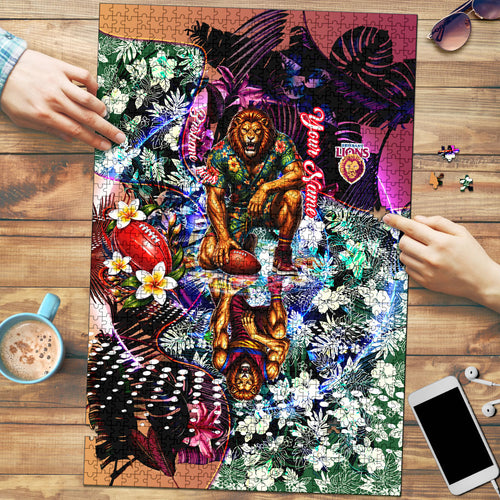Personalized Brisbane Lions Football Puzzle Tropical Hibiscus Flowers - Pacific Fusion Style