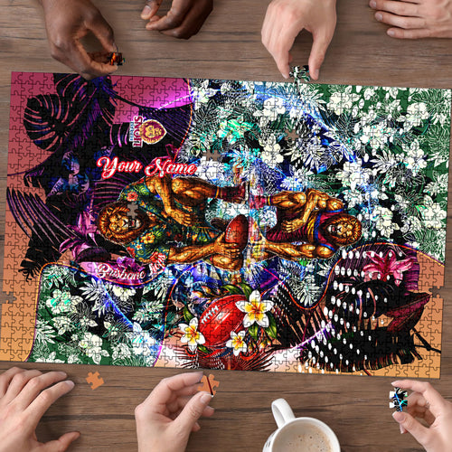Personalized Brisbane Lions Football Puzzle Tropical Hibiscus Flowers - Pacific Fusion Style