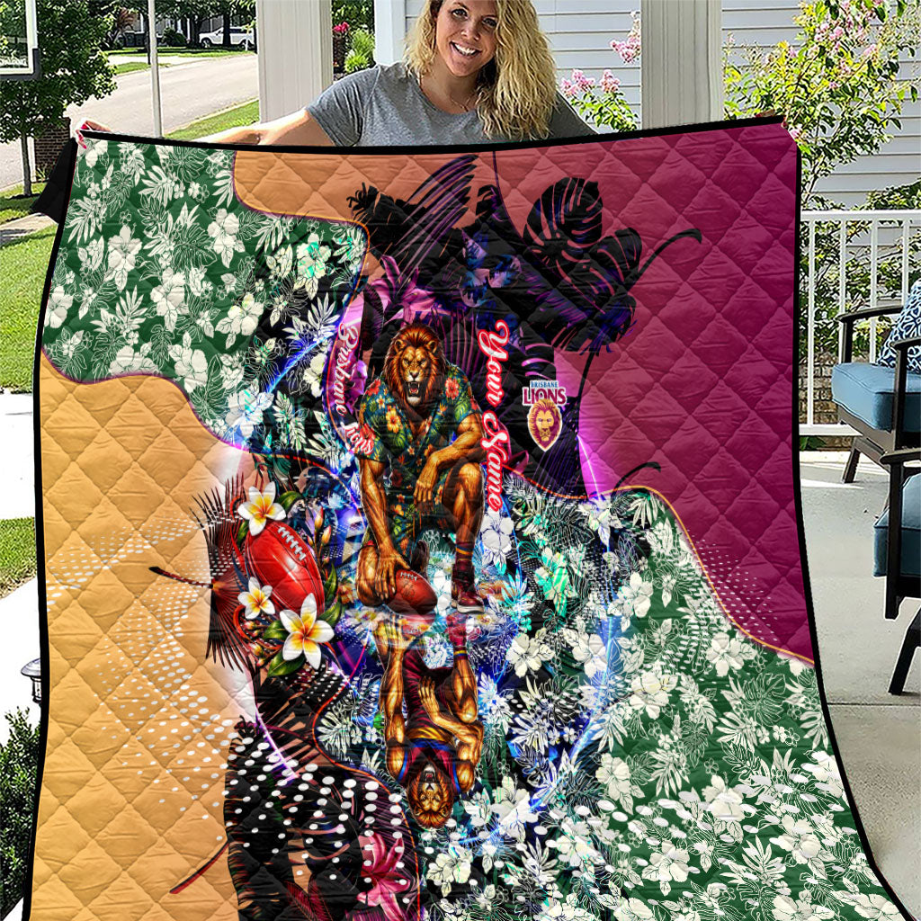 Personalized Brisbane Lions Football Quilt Tropical Hibiscus Flowers - Pacific Fusion Style