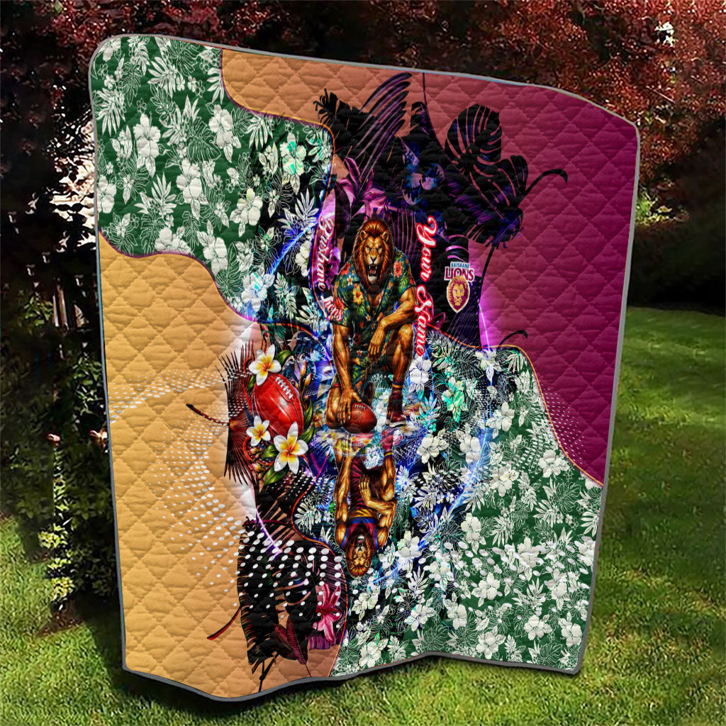 Personalized Brisbane Lions Football Quilt Tropical Hibiscus Flowers - Pacific Fusion Style