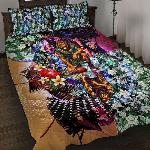 Personalized Brisbane Lions Football Quilt Bed Set Tropical Hibiscus Flowers - Pacific Fusion Style
