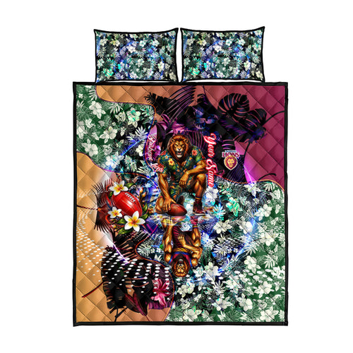 Personalized Brisbane Lions Football Quilt Bed Set Tropical Hibiscus Flowers - Pacific Fusion Style