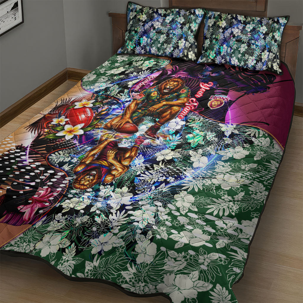 Personalized Brisbane Lions Football Quilt Bed Set Tropical Hibiscus Flowers - Pacific Fusion Style