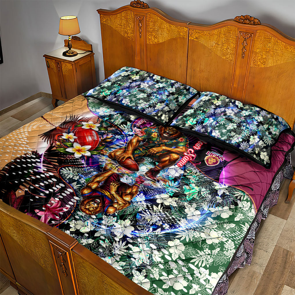 Personalized Brisbane Lions Football Quilt Bed Set Tropical Hibiscus Flowers - Pacific Fusion Style