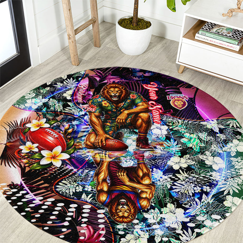 Personalized Brisbane Lions Football Round Carpet Tropical Hibiscus Flowers - Pacific Fusion Style