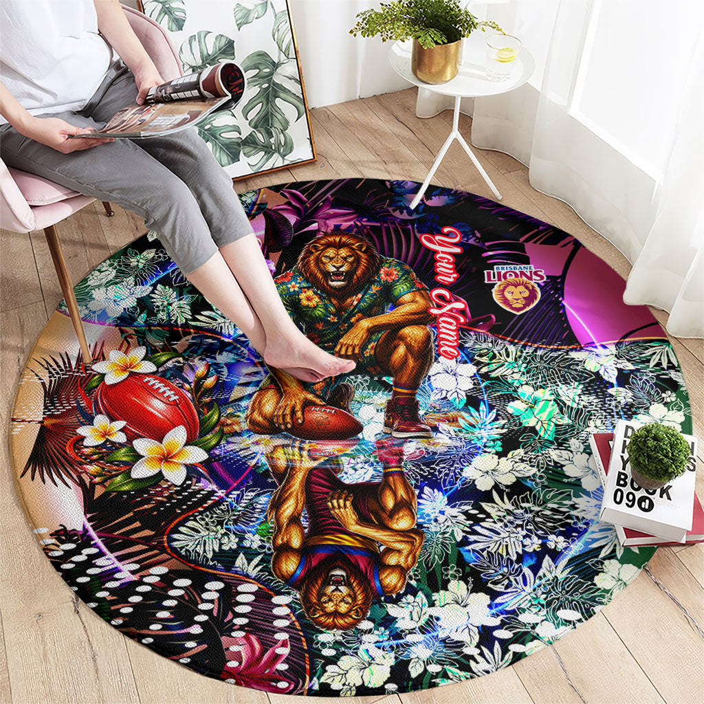 Personalized Brisbane Lions Football Round Carpet Tropical Hibiscus Flowers - Pacific Fusion Style