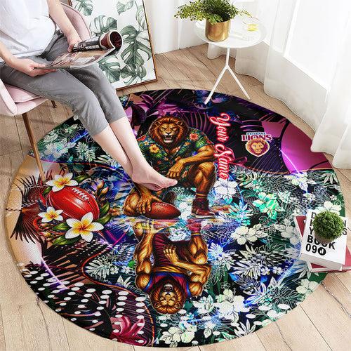Personalized Brisbane Lions Football Round Carpet Tropical Hibiscus Flowers - Pacific Fusion Style