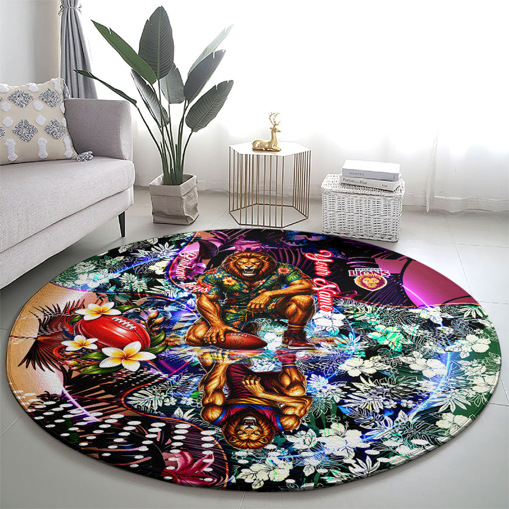 Personalized Brisbane Lions Football Round Carpet Tropical Hibiscus Flowers - Pacific Fusion Style